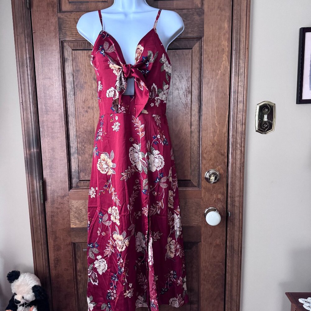 Fashionme Rust w/Scattered Flowers Midi Dress w/Self-Tie Bodice Medium